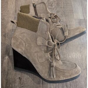 Franco Sarto Boots Womens 8.5M Westerly Ankle Bootie Brown Leather Lace Up Wedge